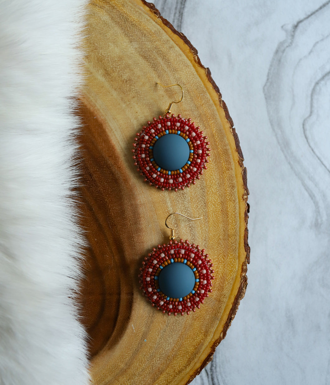 Blue Red Beaded Cabochon