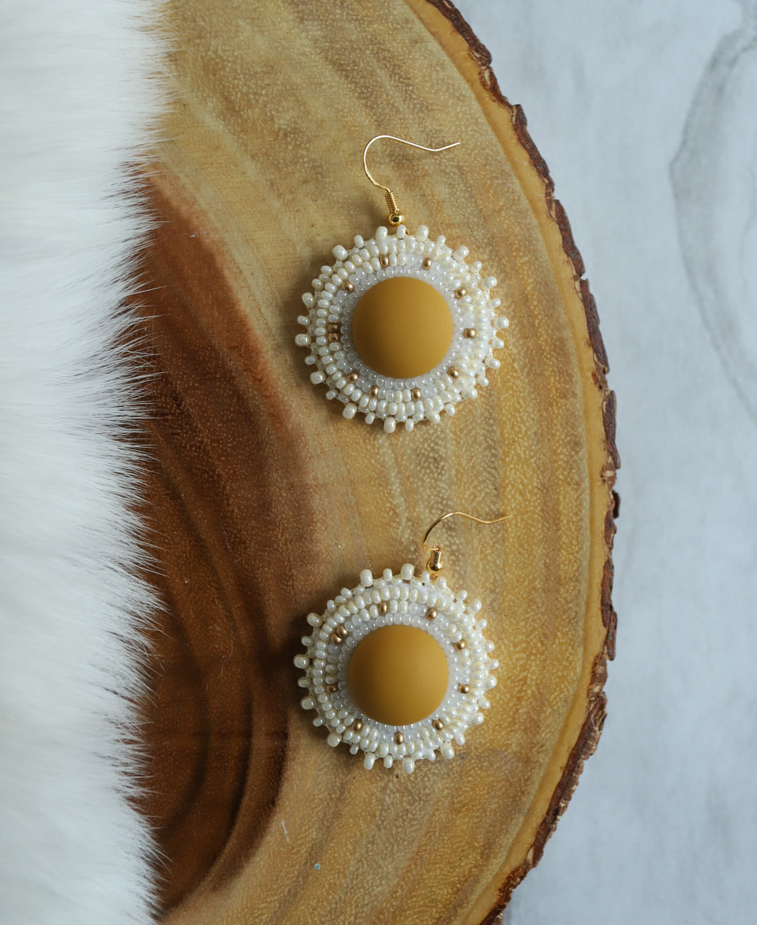 Matte Yellow Beaded Cabochon